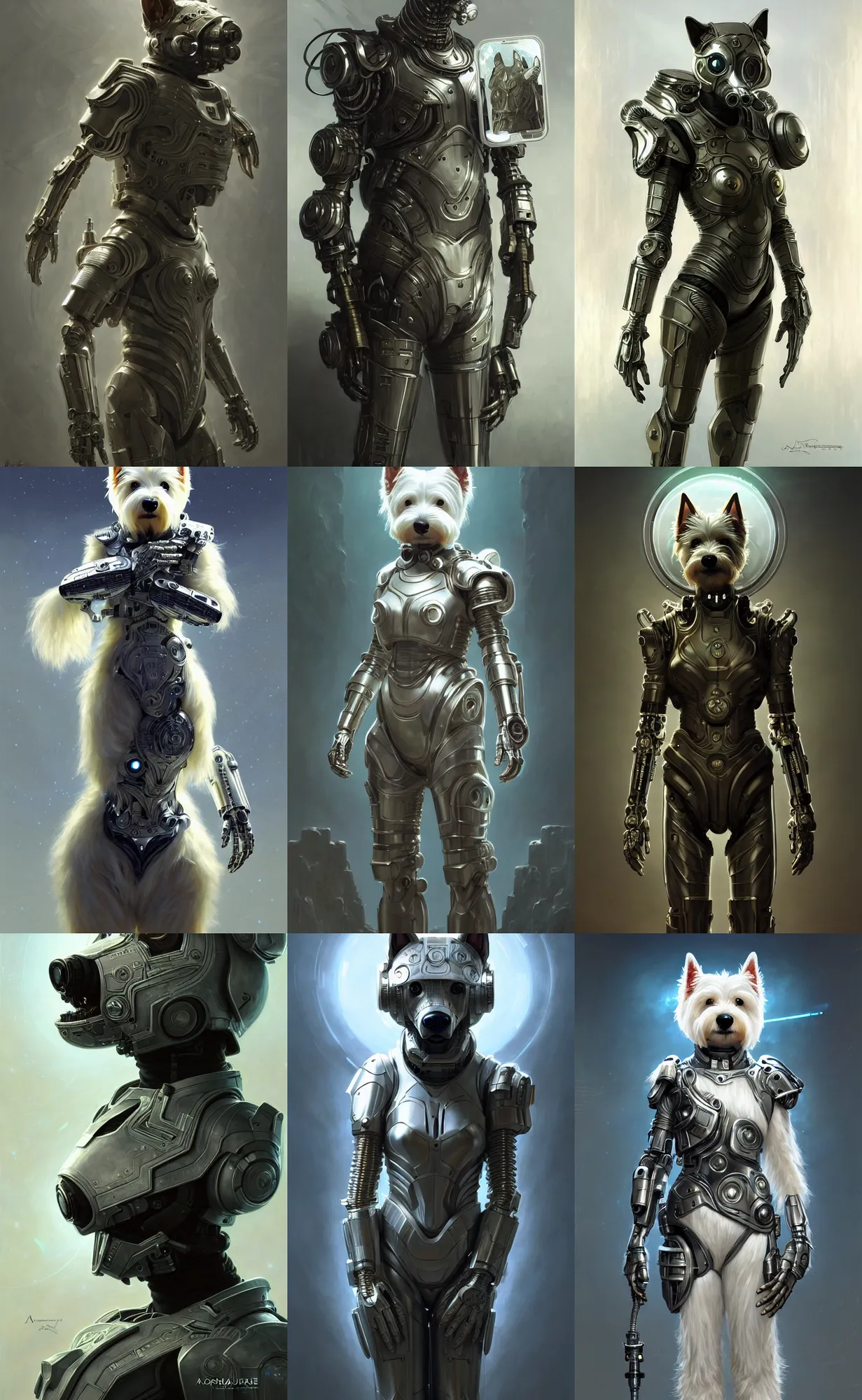 Prompt: an anthropomorphic cyber westie wearing scifi armor, diffuse lighting, fantasy, intricate, elegant, highly detailed, lifelike, photorealistic, digital painting, artstation, illustration, concept art, smooth, sharp focus, art by john collier and albert aublet and krenz cushart and artem demura and alphonse mucha