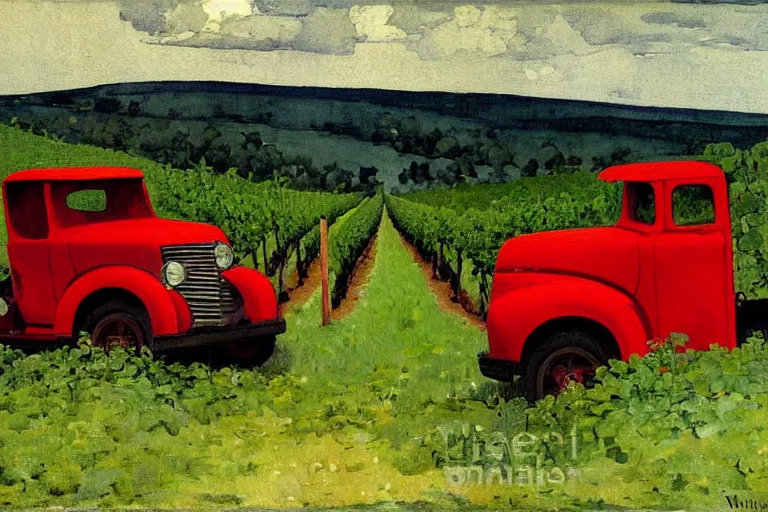 Image similar to painting of a vintage red truck in a vineyard by winslow homer