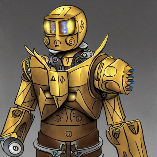 Image similar to A paladin warforged from Dungeons & Dragons looking like the BIONICLE Keetongu from Lego, with one eye and a heavy armor, with eldritch styled tatoos on his arms, art by Gref Farshtey