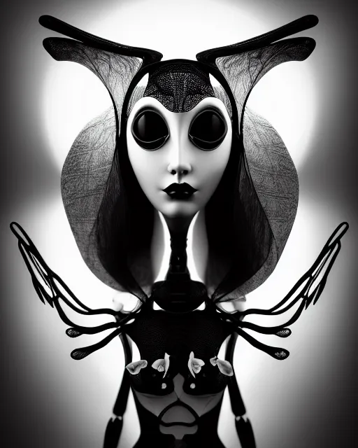 Image similar to surreal mythical dreamy dark artistic black and white fine art 3 / 4 fashion portrait photo of a young beautiful delicate female robot with orchid - owl face, rim light, cinematic, studio dramatic light, poetic, masterpiece, octane render, 8 k, photo - realistic by hg giger and man ray