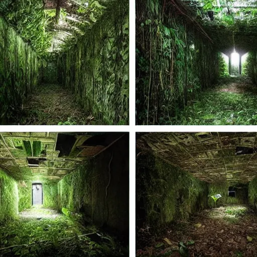 Prompt: abandoned, overgrown, underground bunker. jungle room with trees.