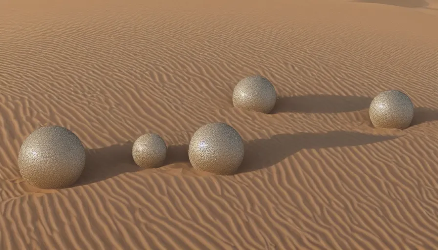 Image similar to metallic silver spheres in desert, sand dunes, heat wave, hyperdetailed, artstation, cgsociety, 8 k