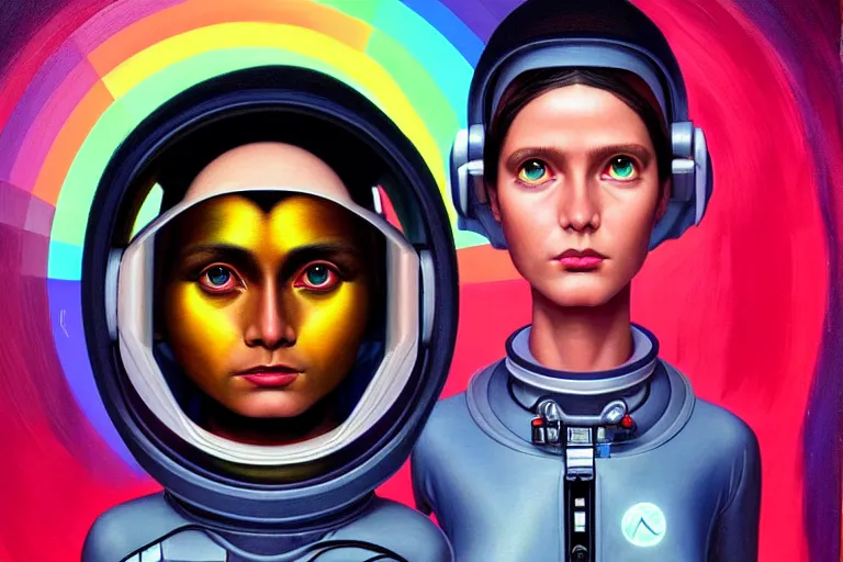 Image similar to patron saint of 🛸🌈👩🏾, futuristic astronaut jumpsuit, neon god of city character portrait, in the style of margaret keane, moebius, tom bagshaw, and waterhouse, cinematic lighting, beautiful, elegant, oil painting,