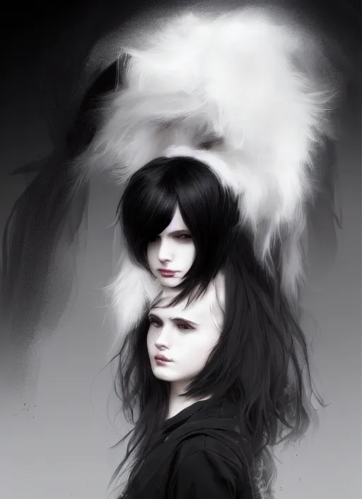 Image similar to portrait of white teenage girl, normal face, black bangs, mall goth, cyberlox, black and white hair, bangs, fluffy bangs, intricate, elegant, highly detailed, digital painting, artstation, concept art, sharp focus, smooth, illustration, art by wlop, mars ravelo and greg rutkowski