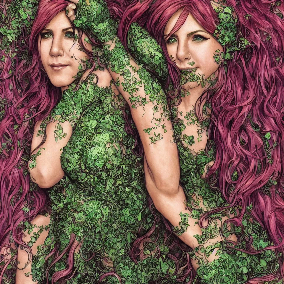 Prompt: Jennifer Aniston as Poison Ivy, cute, fantasy, intricate, elegant, highly detailed, digital painting, 4k, HDR, concept art, smooth, sharp focus, illustration, art by artgerm and H R Giger and alphonse mucha