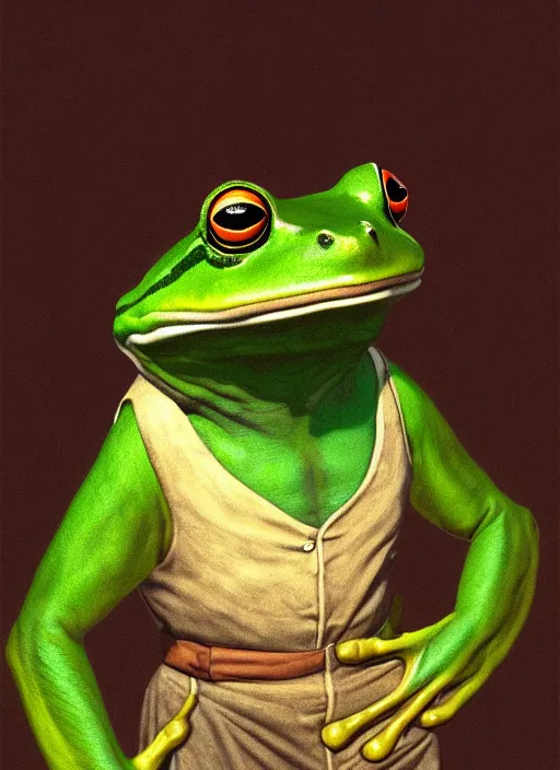 Image similar to frog gentleman in a costume portrait by Lajos Berán, Albert Bierstadt, Robert Henderson Blyth, Claude Bonin-Pissarro, Sandro Botticelli, unreal Engine Fantasy Illustration. award winning, Artstation, Hyperdetailed, 8k resolution