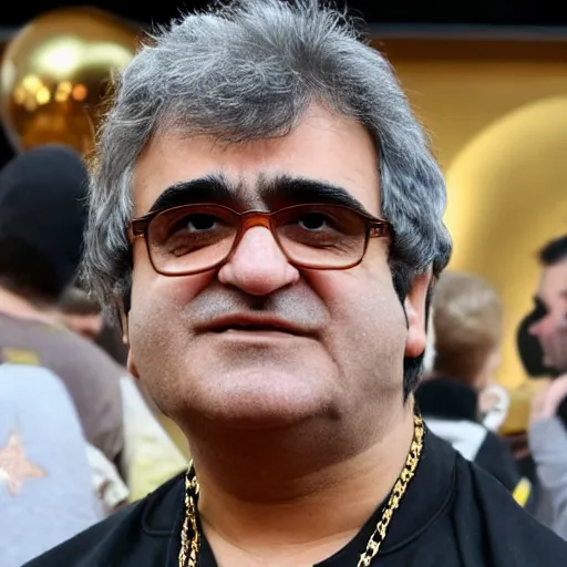 Image similar to jafar panahi mixed with john belushi and gordon brown, clean shaven, wearing an umbro sports tracksuit and gold necklace with large star shaped intricate gold medallion