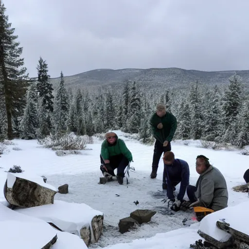 Image similar to a research team finding ancient human remains under snow, some parts of the remains are covered in ice, in the background is frosted green hills with a pine forest.