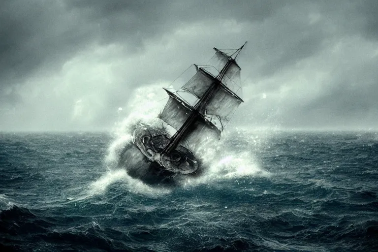 Prompt: a photo of a ship sailing a stormy sea, atmospheric, horror, award - winning photograph, highly detailed shot, cinematic, 8 k uhd