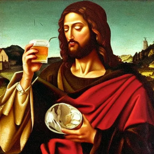 Prompt: a renaissance oil painting of jesus drinking coke