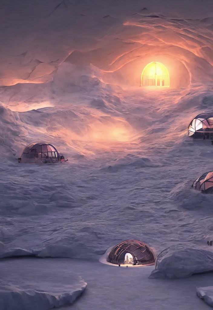 Prompt: Multiple tunnels in antartica with a transparent roof that shows a beautiful sunset, multiple people in the tunnels around campfires and futuristic igloos, facinating, fantasy digital art, octane render, beautiful composition, trending on artstation, award-winning photograph, masterpiece