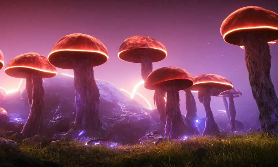 Prompt: large bioluminescent mushrooms on an alien landscape with glowing spores, atmospheric lighting, unreal engine 5, uhd wallpaper 4k