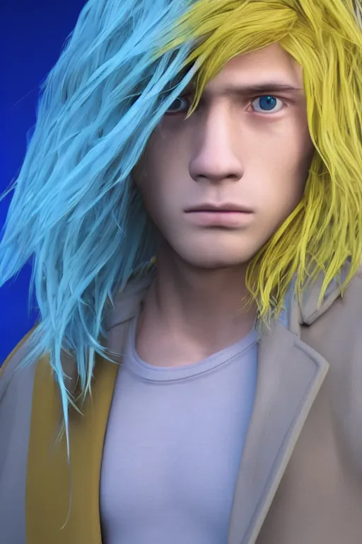 Prompt: a male teenager with long blue hair and yellow eyes wearing a winter overcoat, hyperrealistic, concept art, octane render, unreal engine 5, trending on artstation, high quality, 8 k, highly detailed, digital art, anatomically correct, symmetrical, realistic and defined face, high coherence, path traced, face portrait, yellow eyes, blue hair