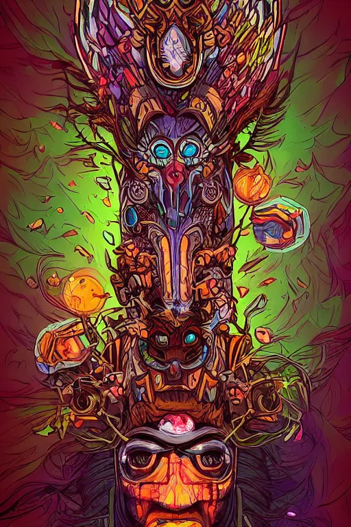 Image similar to totem animal shaman vodoo mask feather gemstone plant wood rock tribal video game illustration vivid color borderlands by josan gonzales and dan mumford radiating a glowing aura