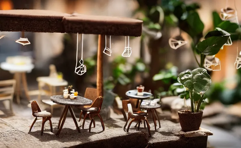 Prompt: mini cafe for mice diorama macro photography, ambient, atmospheric photograph, bokeh, string lights, hanging plants, coffee, pastries