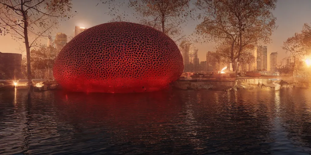 Image similar to An epic architectural rendering of a blob shaped trypophobia house with a mysterious red glow emitting from inside in a modern cityscape next to a river, stunning, gorgeous, golden ratio, photorealistic, featured on artstation, 4k resolution