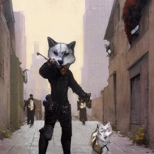 Prompt: new york city portrait of furry anthro anthropomorphic white wolf head animal person fursona wearing clothes police uniform in the alley, sunny day, digital art by Nerdrum John, William Waterhouse, Winslow Homer, Alex Heywood, Jordan Grimmer, Darren Quach, Greg Rutkowski, Simon Stalenhag, trending on Artstation, CGSociety