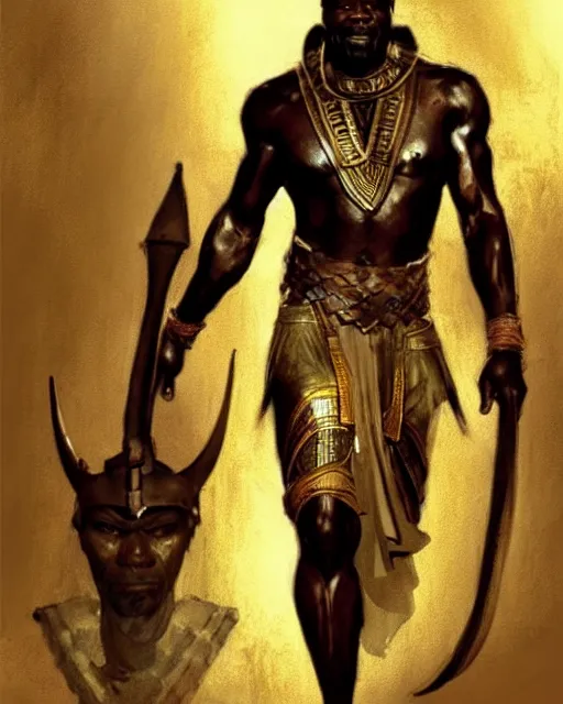 Image similar to concept art by anders zorn and craig mullins depicting djimon hounsou as a tall and very lean temple guard fully dressed in ancient egyptian heavy armor, flowing robes, harem pants, and leather strapped sandals