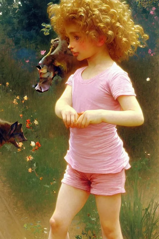 Image similar to a seven - year old with long curly dirty blonde hair, blue eyes, tan skin a pink tee shirt and shorts, playing with foxes, painting by daniel gerhartz, alphonse mucha, bouguereau, detailed art, artstation