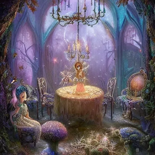 Prompt: a beautiful interior of a fairy castle's hall,, fully decorated, furnished with fairy furniture, fairy aesthetics, fairy lights, fairycore!!! magical realism, fantasy nvironment art by scot howden, greg rutkowski, and elena dudina. high details, magical and in soft colour palette, dreamy