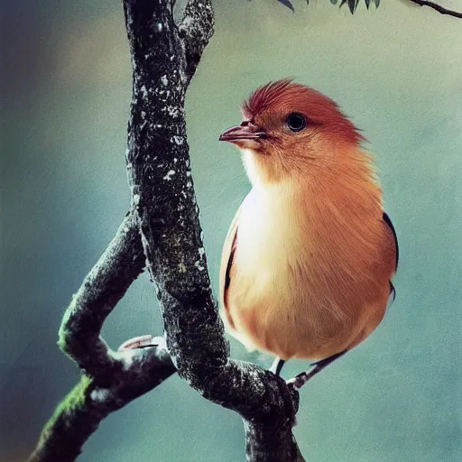 Image similar to portrait of asian gprincess bird, sitting in the tree, jewellery, beautiful face, elegant, stylish, cool, deep gaze, emotionally touching, tenderness, high quality, photo realistic, work in the style of annie leibowitz