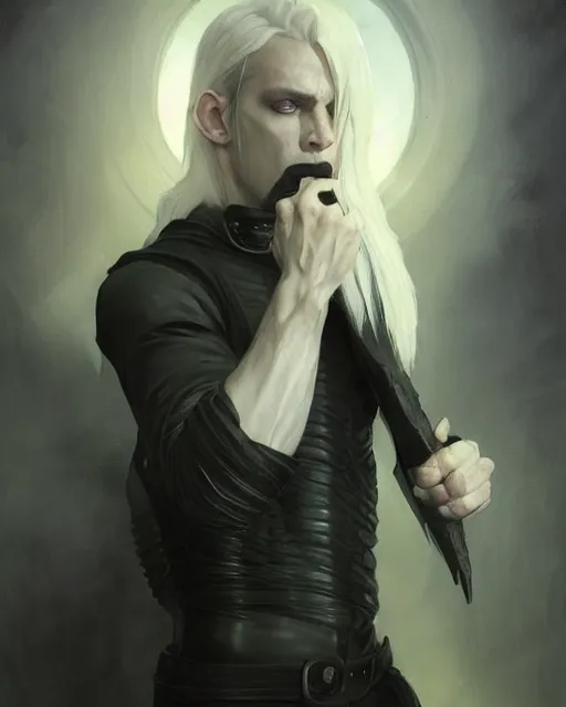 Prompt: male rogue changeling, black clothes, blond hair, pale skin, dnd character | | realistic shaded, fine details, realistic shaded lighting painting by greg rutkowski, diego gisbert llorens, magali villeneuve, artgerm, jeremy lipkin, michael garmash, rob rey