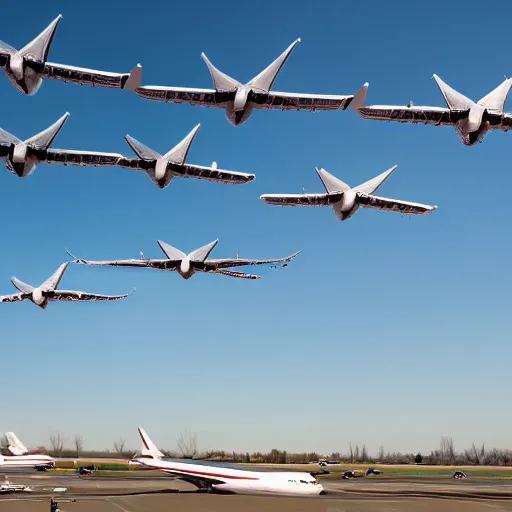 Prompt: a group of airplanes in the sky in formation.