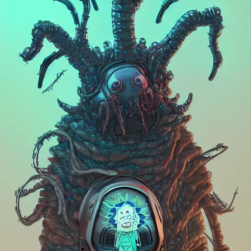 Prompt: Rick and Morty fused with Lovecraft and Predator and Vader helmet and cybernetic version of the thing and the blob, fractal Lighting, portrait, by Stanley Artgerm Lau, WLOP, Rossdraws, James Jean, Andrei Riabovitchev, Marc Simonetti, and Sakimichan, trending on artstation