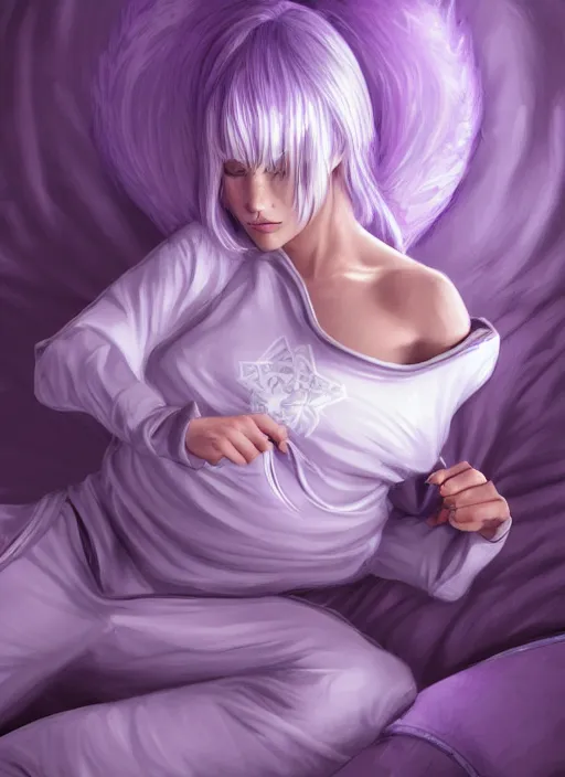 Image similar to a highly detailed illustration of silver haired woman wearing purple star onesie floating on pillow, dramatic floating pose, sleepy expression, intricate, elegant, highly detailed, centered, digital painting, artstation, concept art, smooth, sharp focus, league of legends concept art, wlop