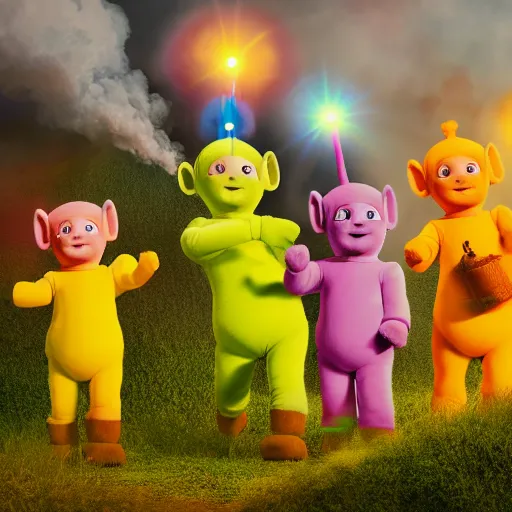 Prompt: Teletubbies with smoke coming out the eyes, global illumination, 4k