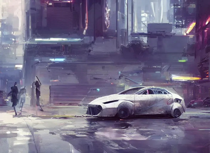 Prompt: a sedan car in a future city, on the street. style by simon bisley, ismail inceoglu, wadim kashin, filip hodas, benedick bana, and andrew atroshenko.