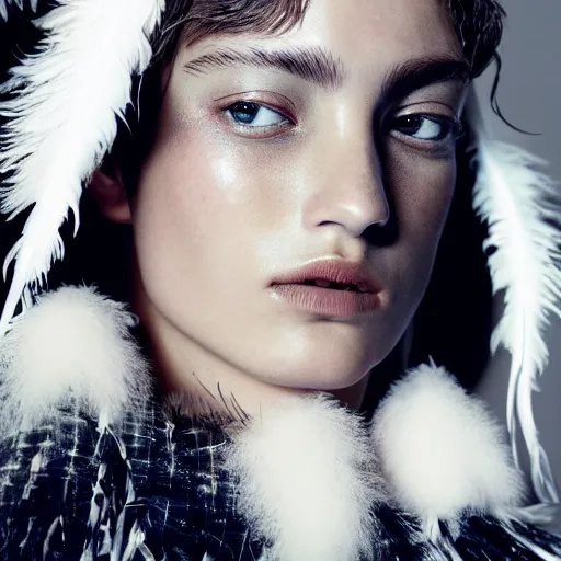 Prompt: close up of face of fashion model in white feather clothes, official balmain editorial, highly detailed