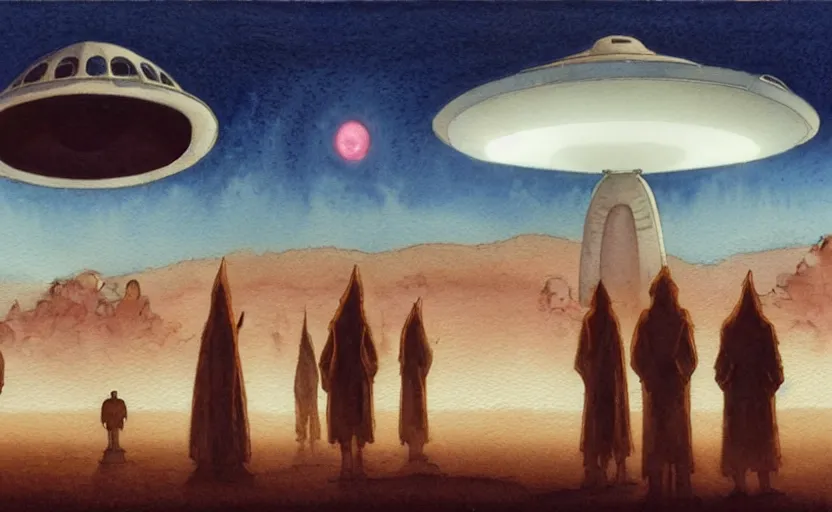 Image similar to a hyperrealist watercolour character concept art portrait of a 1 0 ft. tall thin alien with a high forehead on a misty night in the desert. a small group of people are watching from the foreground. a ufo is in the background. by rebecca guay, michael kaluta, charles vess and jean moebius giraud