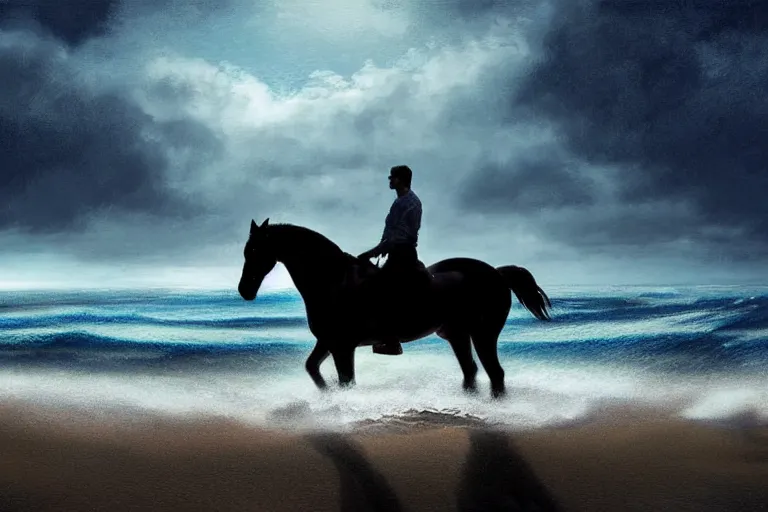 Image similar to photo of man riding a horse along the beach, glowing underwater waves toward a lighthouse in the distance guiding his way, silhouette, wide horizon, large white clouds, seagulls, night, intricate, elegant, highly detailed, digital painting, artstation, concept art, smooth, sharp focus, illustration, rule of thirds art by artgerm and greg rutkowski and fra angelico