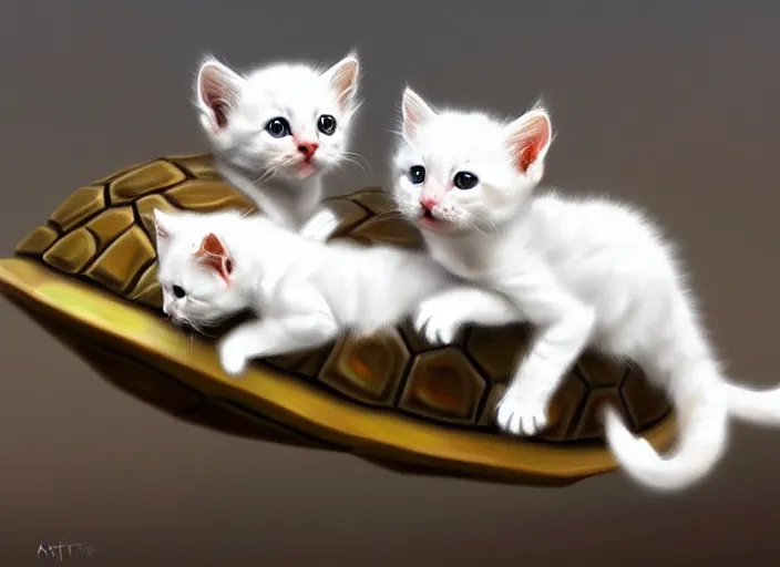 Image similar to white kittens riding turtles ready for battle, cute, digital oil painting, trending on artstation