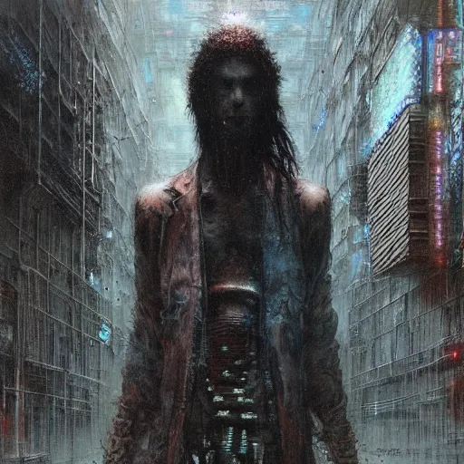 Prompt: lost and alone in a cyberpunk noir city by gustave dore and gustave moreau and beksinski and giger and craig mullins and jeremy mann