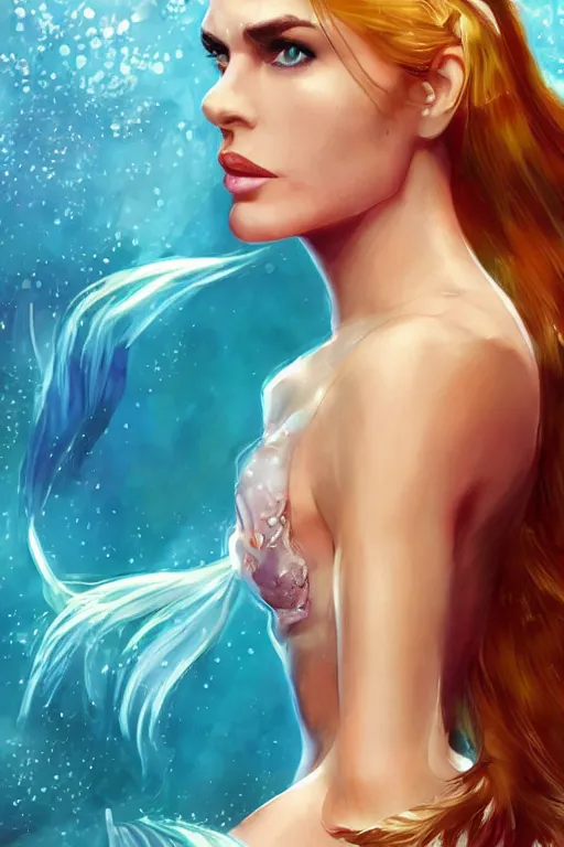 Image similar to mix of beautiful young maria shriver, mariel hemmingway, brooke shields, nicole kidman and elle macpherson as an underwater mermaid, thin lips, hair tied up in a pony tail, dark blonde hair, colorful, artstation, cgsociety