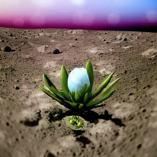 Prompt: a macro of an alien flower in a landscape on the moon with many craters, barren moon landscape, in a big crater at the center there is a beautiful flowering garden, 8 k, bokeh, lowbrow in the style of martin johnson heade and daniel merriam and roger dean,