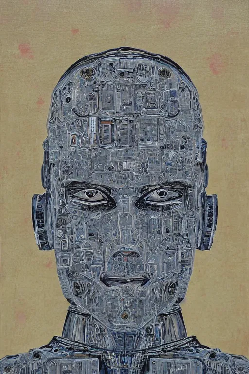 Prompt: robot monk painting a self - portrait on a canvas. intricate, highly detailed, photorealistic, film still, by christopher doyle.