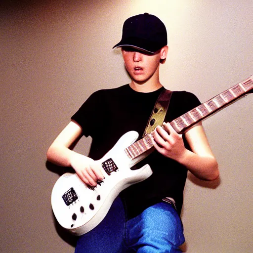 Image similar to 19-year-old white boy wearing backwards baseball cap, baggy jeans, playing 7-string guitar, nü metal concert, rap metal, alternative metal, 1999 photograph