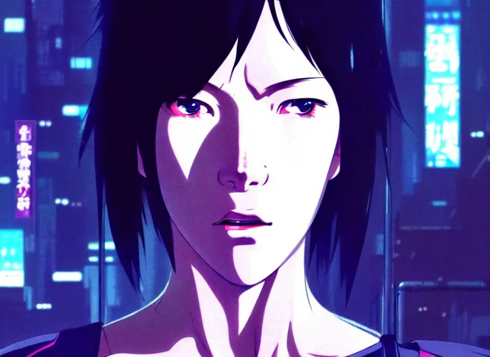 Image similar to a film still portrait of a motoko kusanagi ghost in the shell, finely detailed features, closeup at the faces, perfect art, at a cyberpunk city, gapmoe yandere grimdark, trending on pixiv fanbox, painted by greg rutkowski makoto shinkai takashi takeuchi studio ghibli, akihiko yoshida