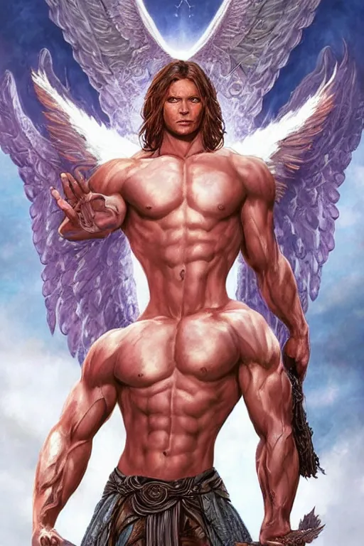 Image similar to muscular Sam Winchester as an angel with religious tattoos on chest and neck, with glowing runes on the body, romance book cover style, D&D dark fantasy style, sharp focus, ultra detailed, art by Artgerm and Peter Andrew Jones, Karol Bak, Ayami Kojima, Amano and Olivier Ledroit