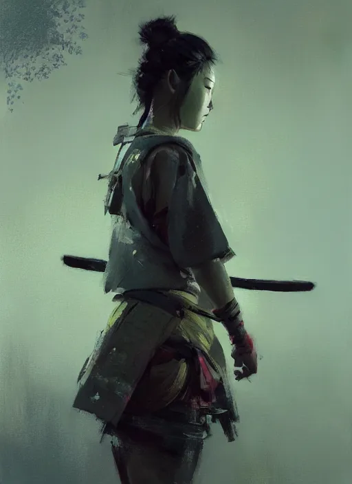 Image similar to female samurai girl, neon, rule of thirds, intricate outfit, spotlight, by greg rutkowski, by jeremy mann, digital painting