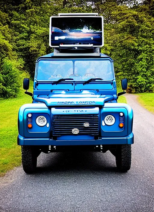 Prompt: “A happy man with video camera and blue Land Rover Defender car moving very fast. Shot with extreme wide-angle lens. Retro ad style.”