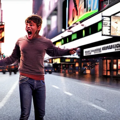 Prompt: broadway play poster of a young angry man screaming in the middle of street, high definition, highly detailed, photo-realistic, unreal engine render, 16k,