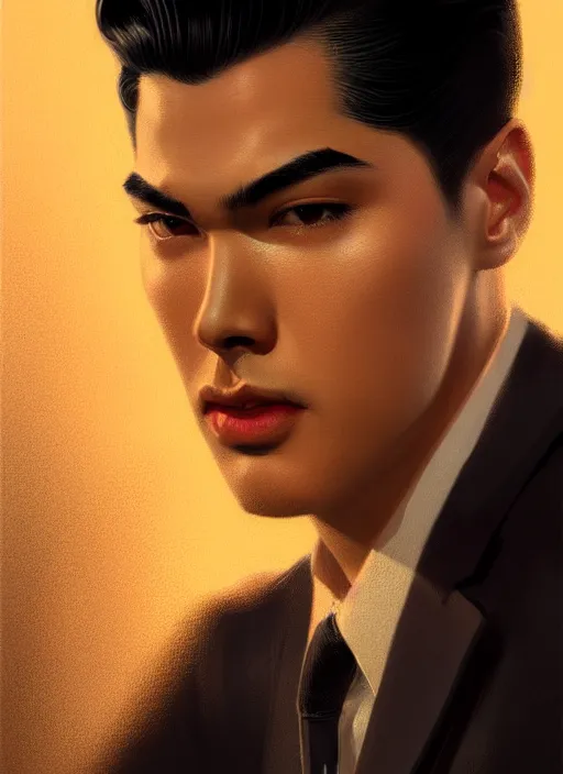 Image similar to portrait of reggie mantle, mean smirk, egotistical, slicked back hair, 1 9 5 0 s, intricate, elegant, glowing lights, highly detailed, digital painting, artstation, concept art, smooth, sharp focus, illustration, art by wlop, mars ravelo and greg rutkowski