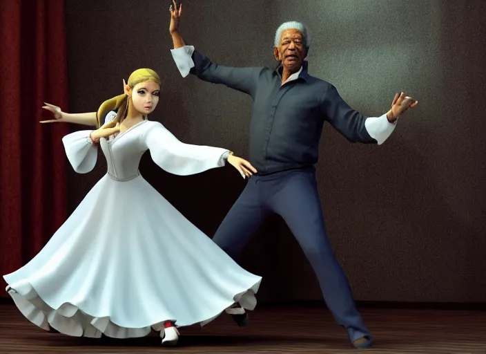 Image similar to morgan freeman playing the spanish guitar and princess zelda from the legend of zelda dancing flamenco, realism, 4 k, award winning photograph octane render, award winning photograph