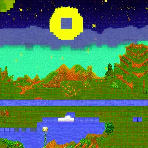 Prompt: night sky reflected in the water, landscape pixel art by terraria and maxfield - parrish