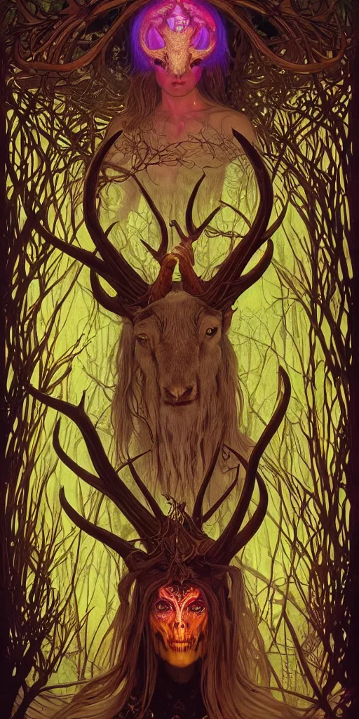 Image similar to intense glowing black metal pagan god with antlers and intense glowing eyes with a goat skull in very dark forest by karol bak and josan gonzales and moebius and alphonse mucha, portrait, studio muti, malika favre, rhads, makoto