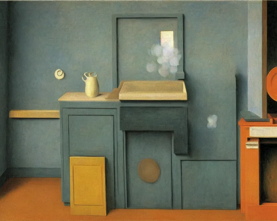 Image similar to achingly beautiful painting of a sophisticated, well - decorated kitchen stove by rene magritte, monet, and turner. whimsical.